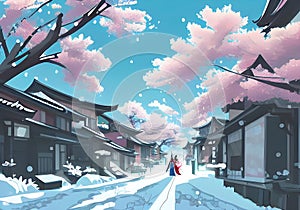 Illustration of Winter Magic in a Japanese Town: Cherry Blossoms and Snow