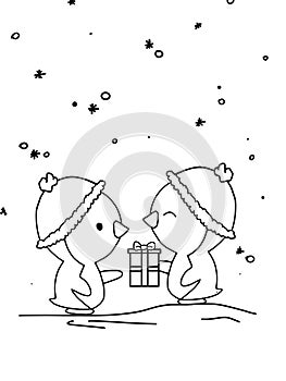 Illustration of winter scenery with two little penguins giving each other a gift