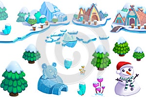 Illustration: Winter Snow Ice World Theme Elements Design Set 1. Game Assets. The House, The Tree, Ice, Snow, Snowman.