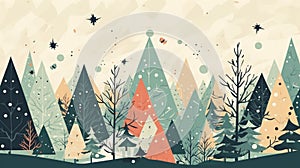 Illustration of winter tree forest christmas scene. White seasonal landscape background