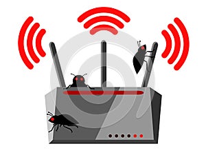 Illustration of wireless router with three Wi-Fi antennas and bugs which has been hacked