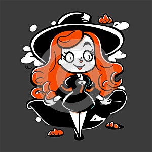 Illustration of a witch in a black hat. Vector illustration. AI Generated