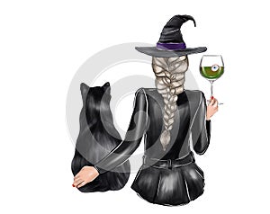 Illustration of a witch sitting with her back with a black cat and a cocktail.