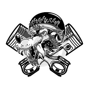 Illustration of the wolf biker with crossed pistons. Design element for logo, label, sign, emblem.