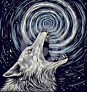 Illustration of a wolf howling at the starry sky.