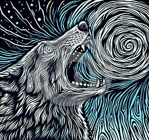 Illustration of a wolf howling at the starry sky.