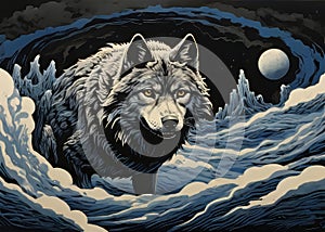 Illustration of a wolf howling at the starry sky.