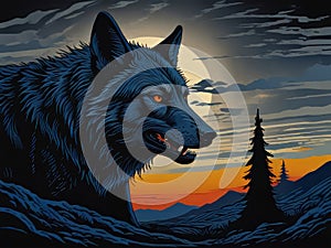 Illustration of a wolf howling at the starry sky.