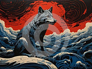 Illustration of a wolf howling at the starry sky.