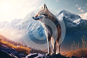 Illustration of a wolf at sunrise. Generative AI.