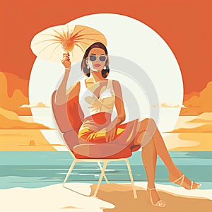 Illustration of woman on the beach sitting on the chair against the sun.