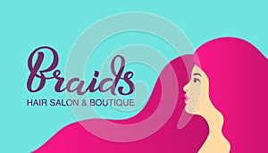 Illustration of woman with beautiful long hair style, icon, logo, badge. Woman silhouette on ight blue background, vector. Hand