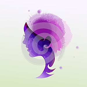 Illustration of woman beauty salon silhouette plus abstract watercolor. Fashion logo. Digital art painting