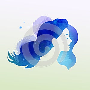 Illustration of woman beauty salon silhouette plus abstract watercolor. Fashion logo. Digital art painting