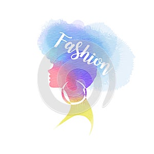Illustration of woman beauty salon silhouette plus abstract watercolor.  Fashion logo. Digital art painting. Vector illustration