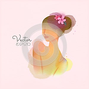 Illustration of woman beauty salon silhouette plus abstract watercolor.  Fashion logo. Happy women`s day. Digital art painting.