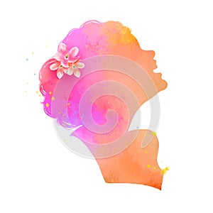 Illustration of woman beauty salon silhouette plus abstract watercolor.  Fashion logo. Self-care concept clipping path.. Digital