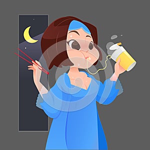 Illustration woman in blue nightgown eating