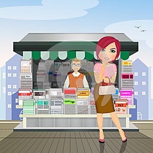 illustration of woman buys the newspaper at the newsstand