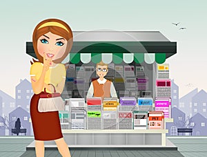 illustration of woman buys the newspaper at the newsstand