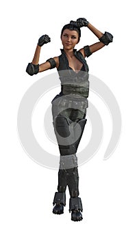 Illustration of a woman in combat fatigues in a muscle pose while smiling isolated on a white background