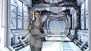 Illustration of a woman combat soldier walking in a futuristic corridor