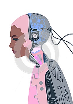 Illustration of woman cyborg. Half human and robot