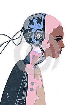 Illustration of woman cyborg. Half human and robot