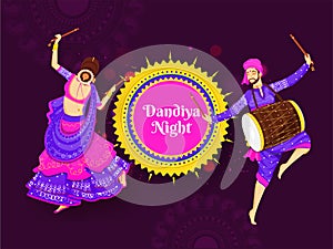 Illustration of woman dancing with dandiya stick and drummer playing drum dholak on purple bokeh lighting background. photo