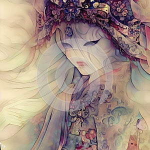 Illustration of a woman, dark ghost digital painting,  style, ancient costums and accecories photo