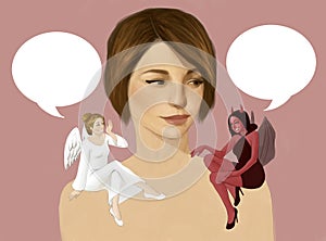 Illustration of a woman with a devil and angel having conversation on her shoulder