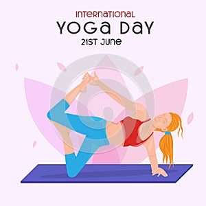 illustration of woman doing asana for International Yoga Day on 21st June with lotus background