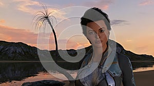 Illustration of a woman at dusk with a palm tree and lagoon and mountains in the background