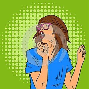Illustration of a woman with eyeglasses in surprised expression on her face.