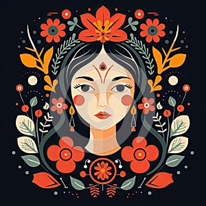 Illustration of a woman with flowers. In the style of folklore-inspired, mirrored, flat style. photo
