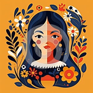 Illustration of a woman with flowers. In the style of folklore-inspired, mirrored, flat style. photo