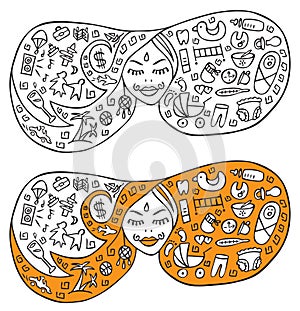 Illustration woman giving birth baby before and after icons