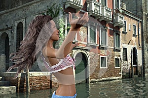 Illustration of a woman in a halter top with arms spread in an old world city with canals