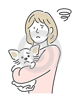 Illustration of a woman holding a dog | confused, puzzled