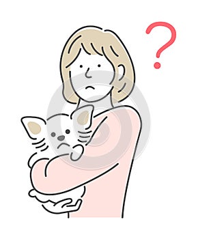 Illustration of a woman holding a dog | thinking, question