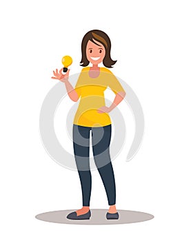 An illustration of a woman holding a light bulb in her hand. Vector illustration