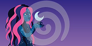 Illustration of a woman holding a moon in her hand - modern design - feminity and nature