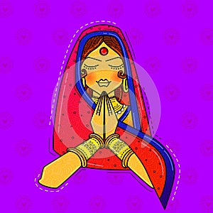 Illustration of woman of India welcoming gesture in desi indian art style.