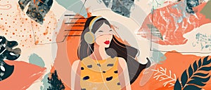 Illustration of a woman listening to an audiobook with headphones. Audiobooks concept. Smartphone application for mobile