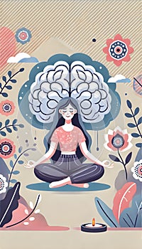 Woman Practicing Mindfulness Meditation with Brain