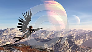 Illustration of a woman with outstretched wings flying over a mountain with blue sky and a planet and moon in the background