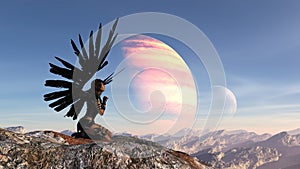 Illustration of a woman with outstretched wings kneeling and praying atop a mountain with blue sky and a planet and moon in the