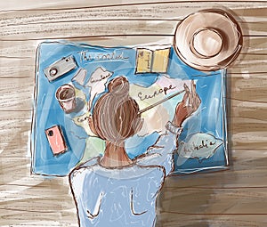 Illustration of a woman planning summer vacations with a world map