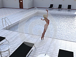 Illustration of a woman in a pool area on her tiptoes stretching before jumping into the swimming pool