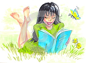 Illustration woman reading book in nature